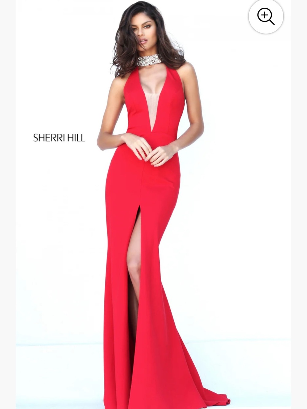 Sherri Hill Red Plunging Prom Gown with Jeweled Collar